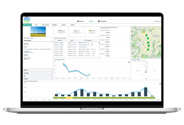 capture d'écran d'un tableau de bord de suivi d'un parc éolien sur le logiciel Épices