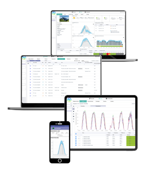 mise en situation des grandes fonctionnalités du logiciel dans des écrans d'ordinateur, tablette et portable