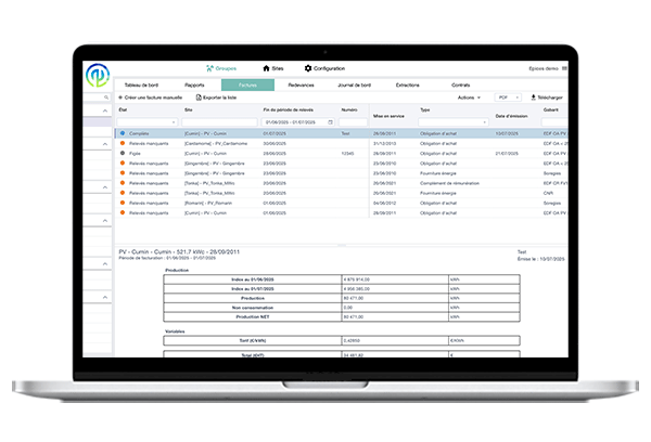 capture d'écran des factures générées sur le logiciel Épices