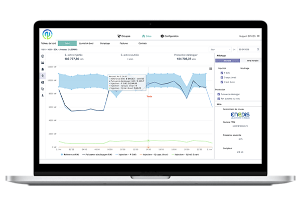 capture d'écran d'un tableau de bord de suivi d'une centrale hydroélectrique sur le logiciel Épices