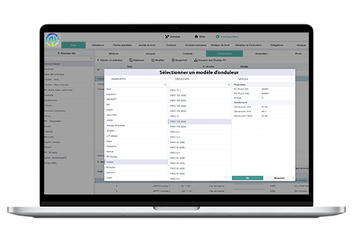 capture d'écran des compatibilités d'onduleur du logiciel Épices vue sur un ordinateur
